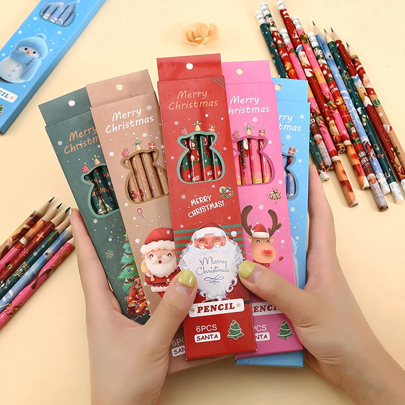 

6 Pcs/Lot Christmas Boxed Pencils Student Writing Drawing Sketch Pen Set Wooden Christmas Pencil
