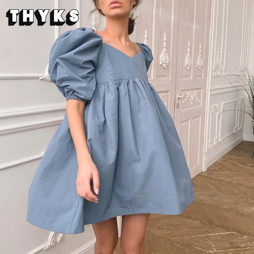 

Square Neck Summer Mini Dress Bubble Short Sleeve High Waist A-Line Dress Casual Cute Solid Color Streetwear 2022 Robe Femme