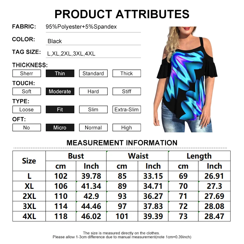 2022 Fashion Plus Size 4Xl Cold Shoulder Tunic Women Summer Ruffles Sleeve 3D Print Strap Ladies Tops Plus Size Women Clothing