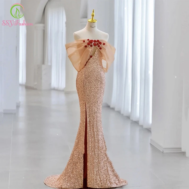 

SSYFashion Luxury Champagne Mermaid Evening Dress Sexy Slim Sequins Beading Glittering Fishtail Long Prom Party Gowns for Women