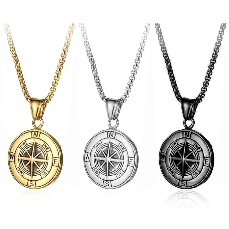 

Necklace For Women Men Titanium Steel Compass Pendant Necklace Chain Gold Silver Color And Black Long Necklaces Fashion Jewelry
