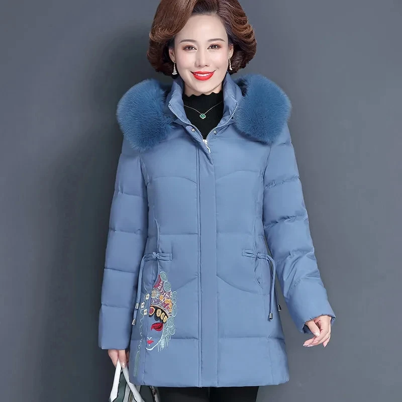 Middle Aged Women Cotton Padded Coat Down Jacket New Fashion Hooded Fur Collar Parkas Women Winter Jacket Coat Outerwear
