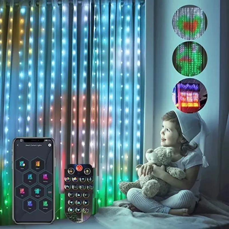

Умные светодиодные подвесные занавески на окна, 400 светодиодов, гирлянда-занавеска С управлением через приложение, RGB-цвет, рождественские украшения для Хэллоуина