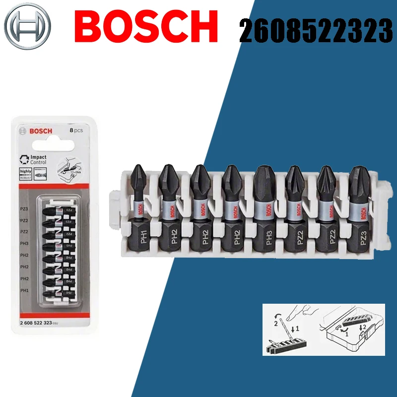 

Сверло для отвертки BOSCH 2608522323, 8 шт., 1 '', 25 мм, S2, стальные ударопрочные биты для электрической отвертки PH1, PH2, PH3, PZ2, PZ3, детали для инструментов