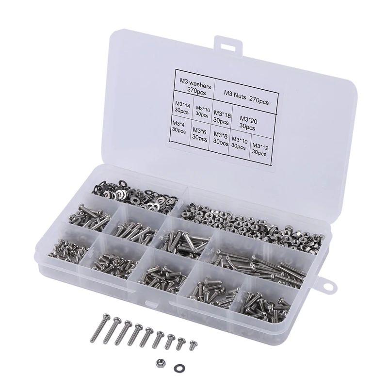 

810Pcs Screw Assortment Kit 304 Stainless Steel Phillips Pan Head Machine Screws Bolts Nuts Lock Flat Washers(M3)