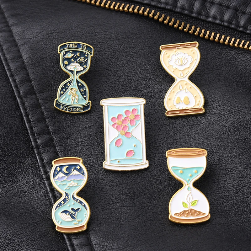 

Creative Hourglass Enamel Pins Custom Sakura Space Ocean Skull Brooch Lapel Pins Badge Bag Cartoon Jewelry Gift For Kids Friends