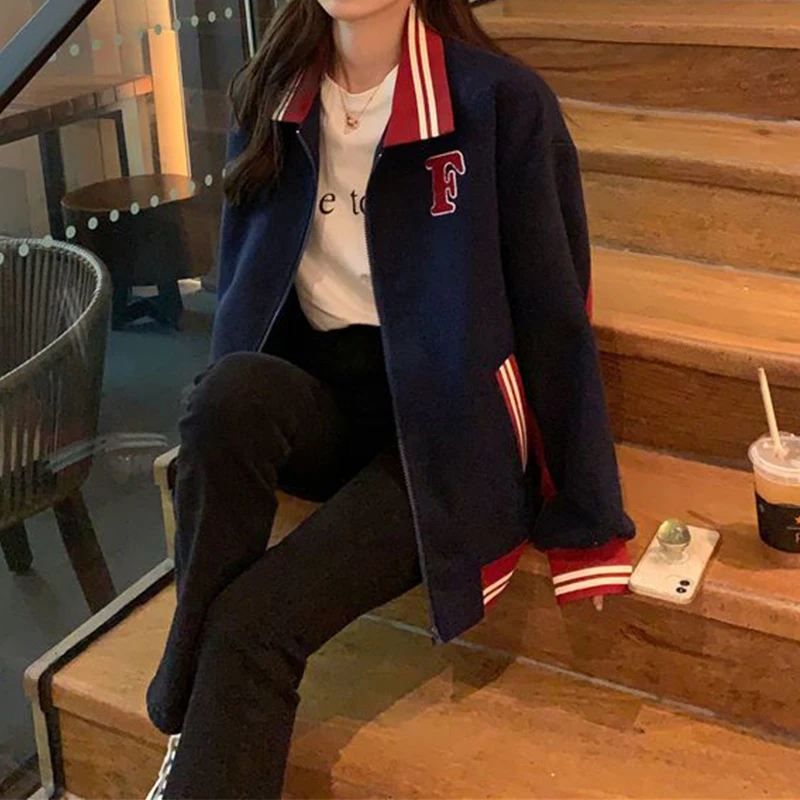 Fashion Women's Letter Print Baseball Uniform Loose Casual Long Sleeve Fleece Thermal Jacket Versatile Winter Outerwear 2022 New