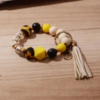 new mothers day gift mama silicone wristlet cheetah print wood bead bracelet elastic rope string tassel keychain bangle gift