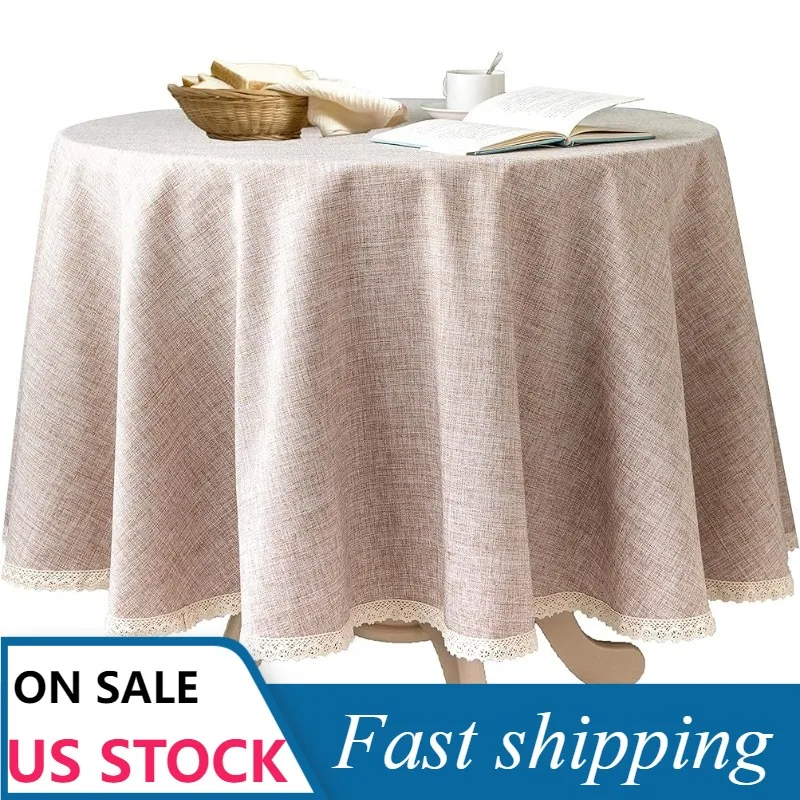 

Linen Rustic Burlap Washable Tablecloth,Solid Heavy Weight 70 Inch Round Overlay Lace Edge Table Cover for Kitchen Dinning