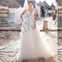 simple wedding dresses lace bow belt white vestidos de novia tulle illusion o neck full sleeve woman luxury robe de mariee