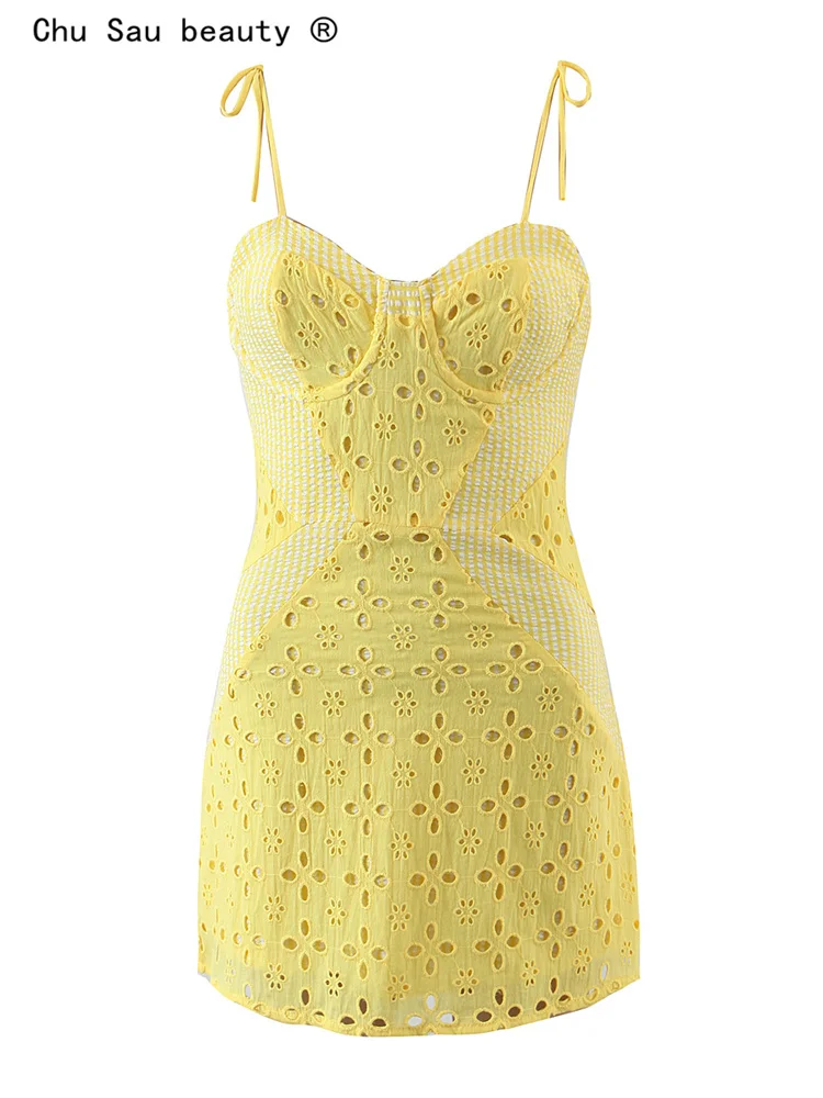 

Summer 2022 New Fashion Sexy Woman Slim Backless Hollow Embroidery Stitching Strap Mini Dress