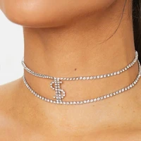 ins rhinestone double chain dollar sign choker necklace jewelry for women shiny crystal statement clavicle chain collar choker
