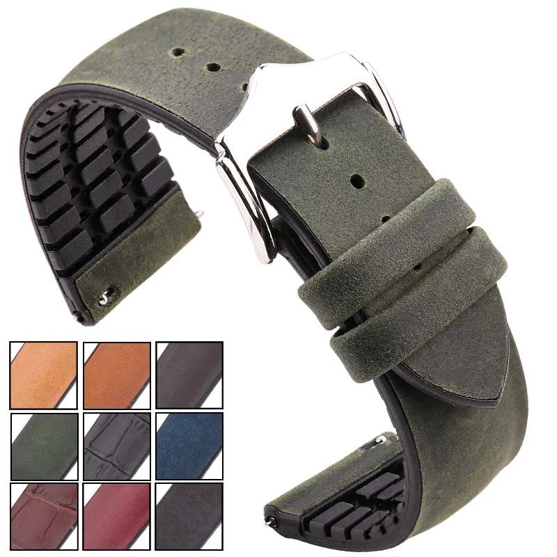 Ремешок кожаный и резиновый для наручных часов, водонепроницаемый силиконовый браслет для мужчин и женщин, аксессуары для часов, 18 мм 20 мм 22 мм, 10 цветов