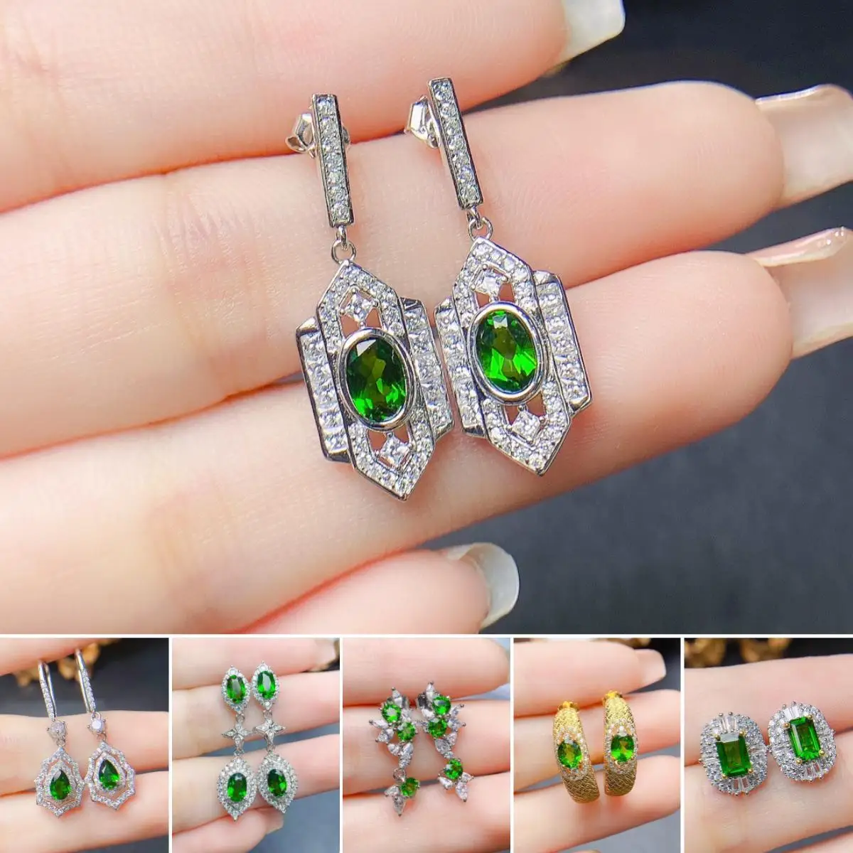 

FS Fashion Real S925 Sterling Silver Inlay Natural Diopside Earrings With Certificate Fine Weddings Jewelry for Women MeiBaPJ