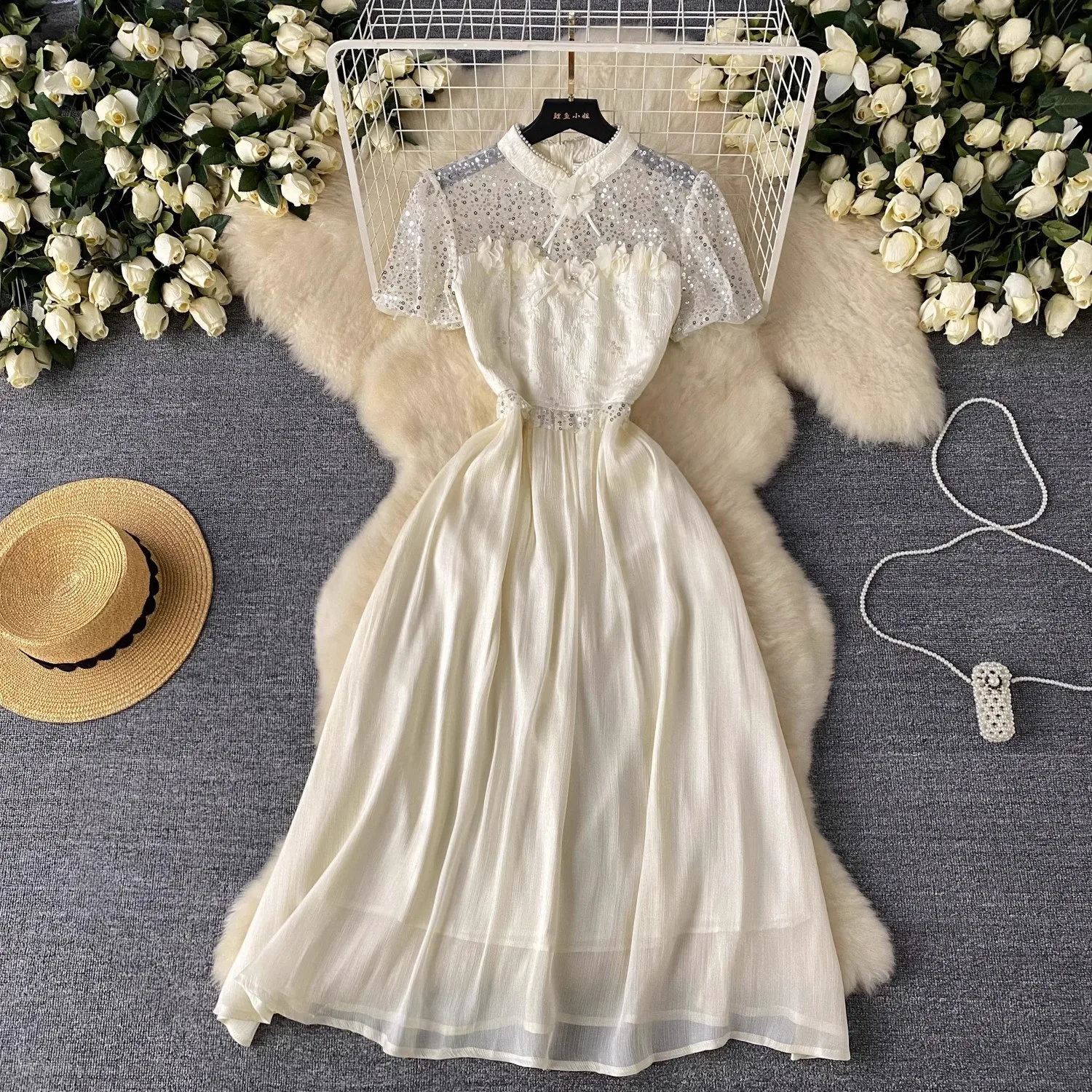 Элегантное платье из абрикосового шелка с бисером и блестками женское