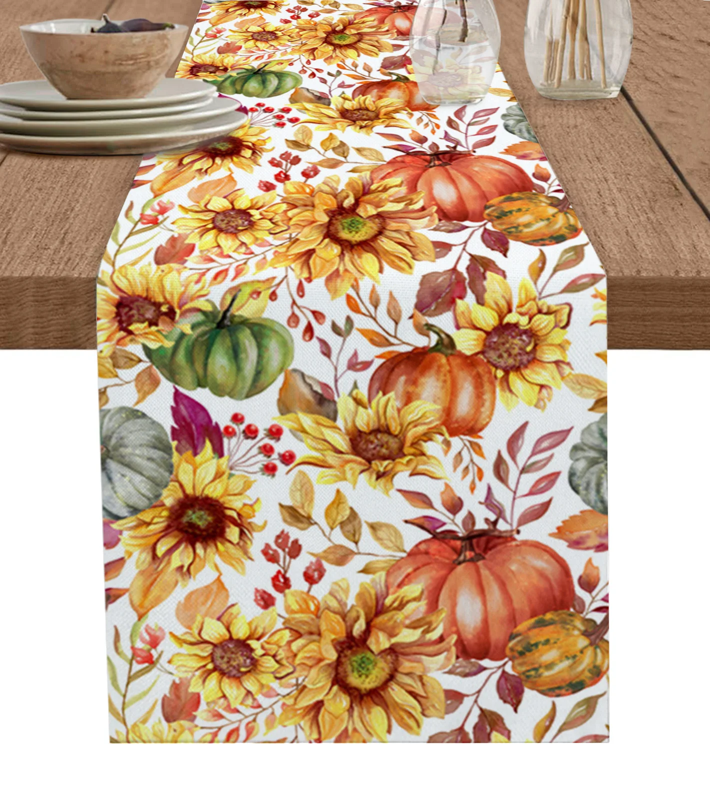 

Thanksgiving Pumpkin Sunflower Autumn Table Runner Christmas Decoration Tablecloth Wedding Party Decor Table Cover