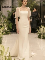 new elegant simple slim square neck satin korean vintage bubble short sleeve sweep train wedding gown wedding dress white