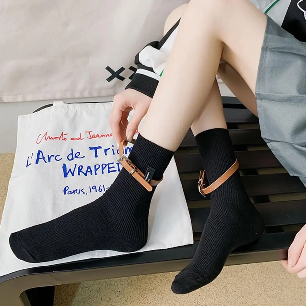 

Cotton Women's Socks with Belts Boneless Stitching Mid-calf Socks Solid Color Sweat Absorbent Korean Style Short Socks Female