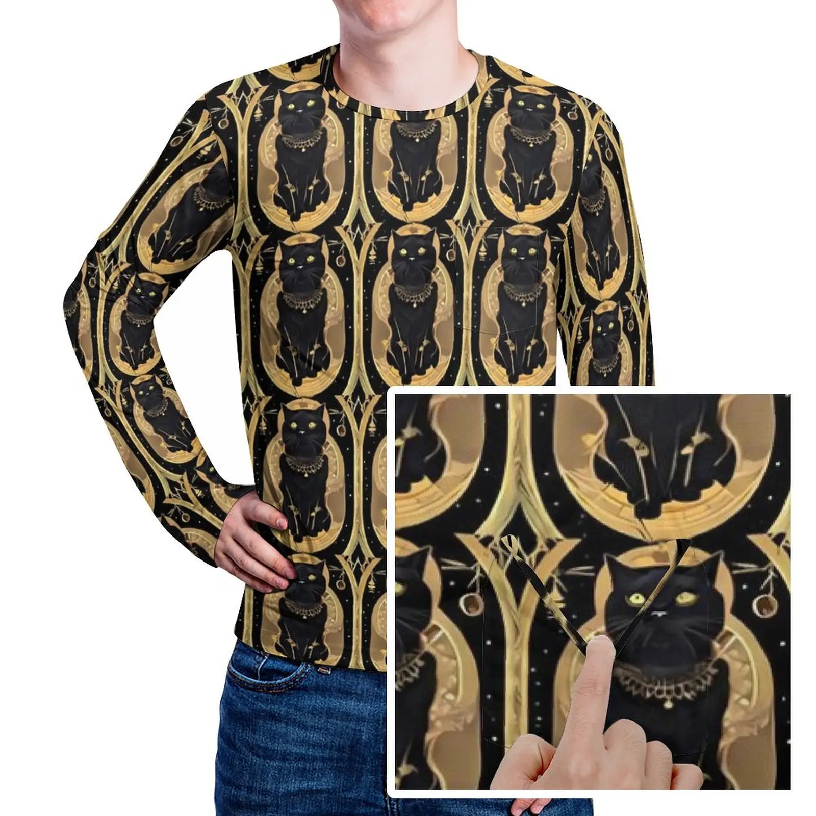 

Tarot Card Print T Shirt Men Black Cat Classic T Shirts Daily Hip Hop Tees Long Sleeve Graphic Oversized Tops