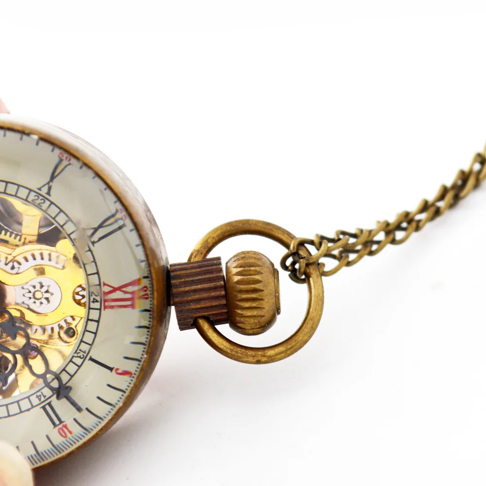 Luxury Ball Mechanical Pocket Watch for Men Women Vintage Skeleton Transparent Dial Roman Numeral Number Fob Chain Pendant Clock
