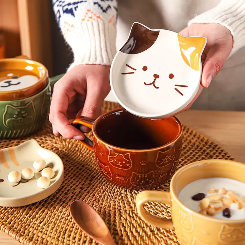 

Cute Cat Cup Shiba Inu Coffee Cups Mug with Lid Personality Gift Household Cartoon Kawaii Kids Breakfast Oat Milk Mugs