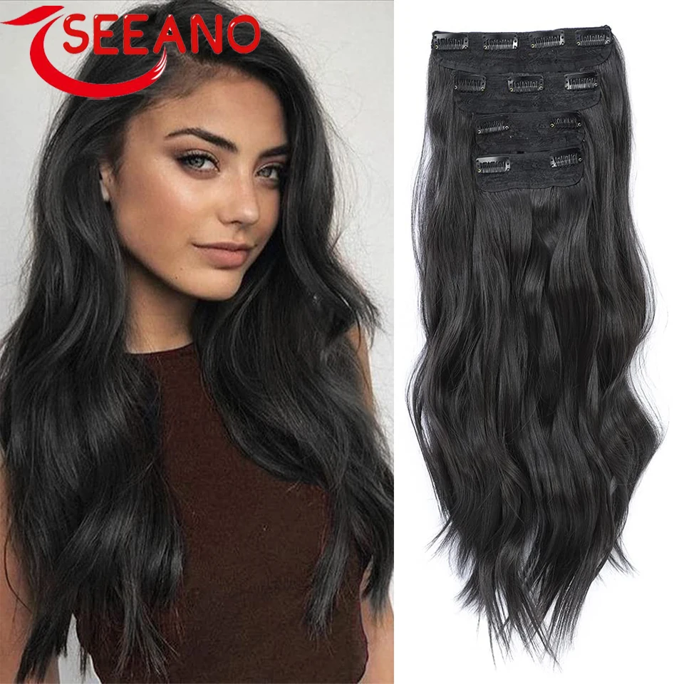 SEEANO Synthetic Long Wavy Hair Extensions Natural Black Clip In Hair Extensions 4pcs/Set Ombre Honey Blonde Thick Hairpieces