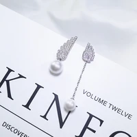 womens 925 sterling silver stud earrings angel wings asymmetric pearl zircon fashion jewelry gifts for couple love