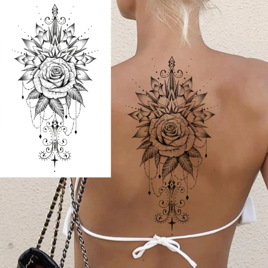 

Black Rose Flower Pendant Back Temporary Tattoos For Women Adult Girl Moon Lotus Fake Tattoo Waterproof Body Art Painting Tatoos