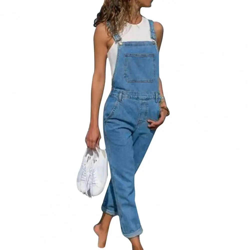 

Vintage Denim Jumpsuit Women Sleeveless Strap Pure Color Soft Distressed Rompers Loose Jumpsuit Summer