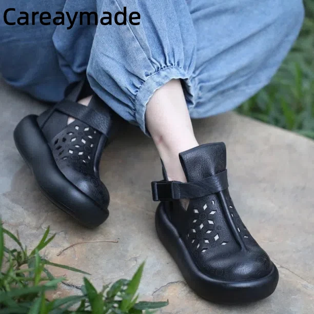 Фото Careaymade-женская обувь из натуральной кожи с широким носком, сандалии из воловьей кожи с перфорацией на толстой подошве, очаровательные классные ботинки с большим носком №1