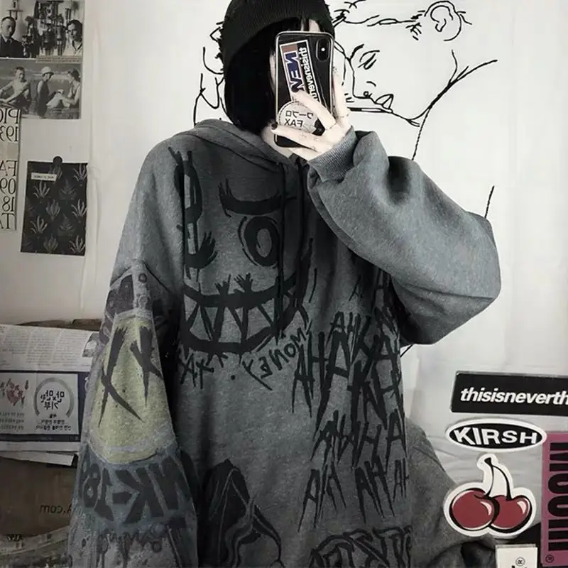 FERNAN Goth Sweatshirts Women Grunge Japan Style Anime Hip Hop Hoodie Oversized Punk Female Tops Long Sleeve Gothic Alt Clothes