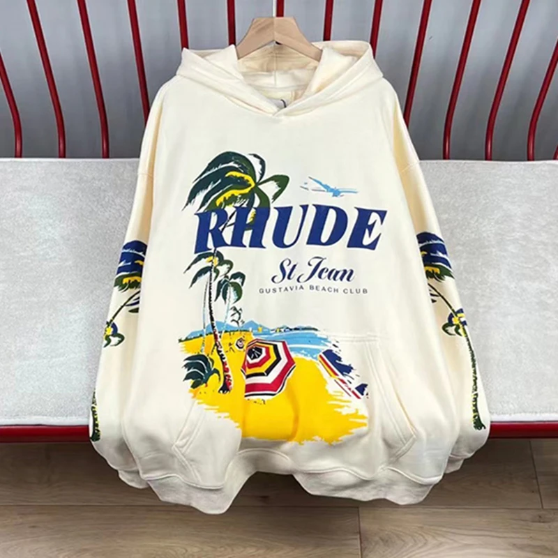 

Apricot Black Coconut Tree Beach Rhude Hoodie Men Best Quality Women Patchwork Pullover with Tags