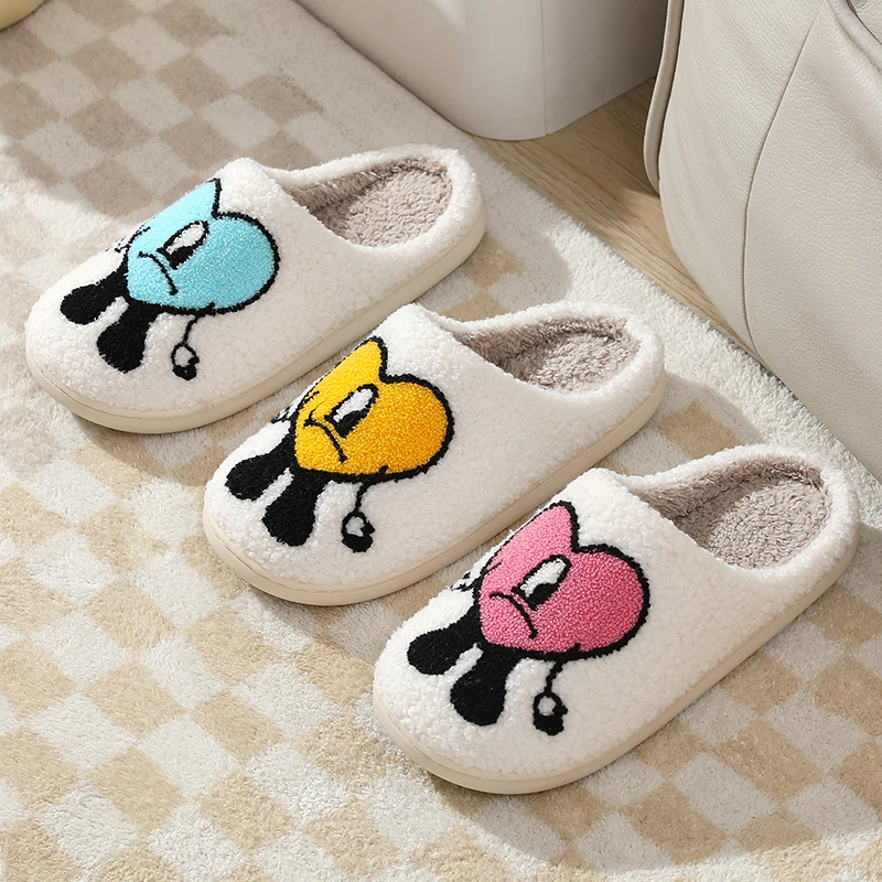 

2022 Warm Autumn Winter Fulffy Fur Slippers Plush Fleece Flat Love Heart Slippers Sweet Indoor Cotton Slippers for Couple Shoes