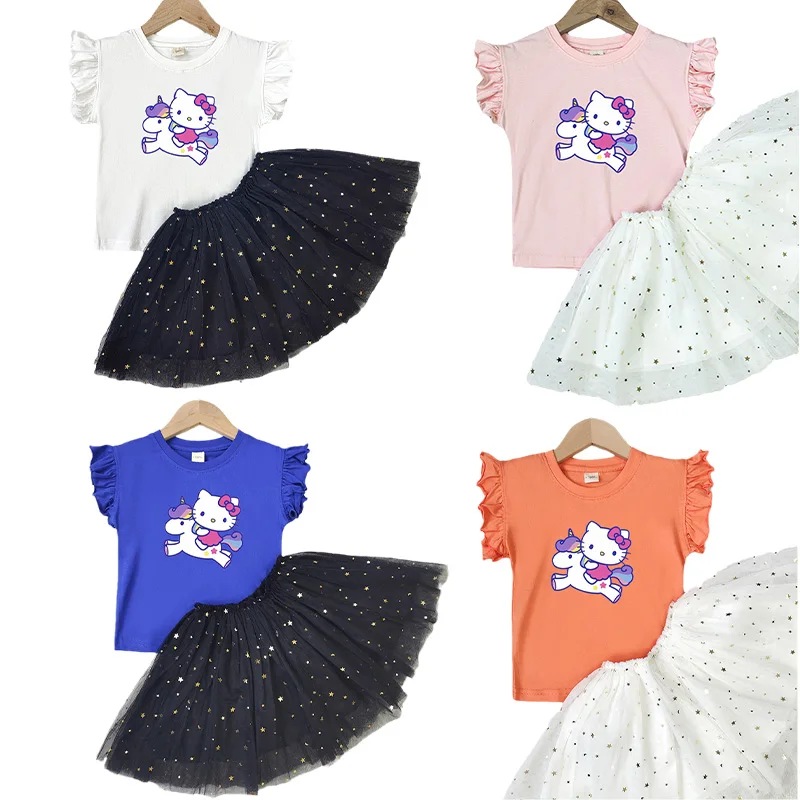 

Sanrios Children's Set Kawaii Anime Hellokitty Short-Sleeved Girls T-Shirt Cartoon Petit Skirt Vest Mesh Skirt Two-Piece Gift