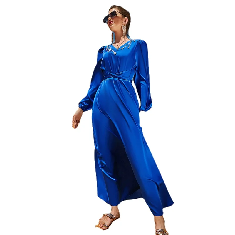 Abaya Dubai Woman 2022 V-Neck Rhinestone Belted Kaftan Long Sleeve Party Dresses Solid CoLor Robe Turkey Islamic Clothing