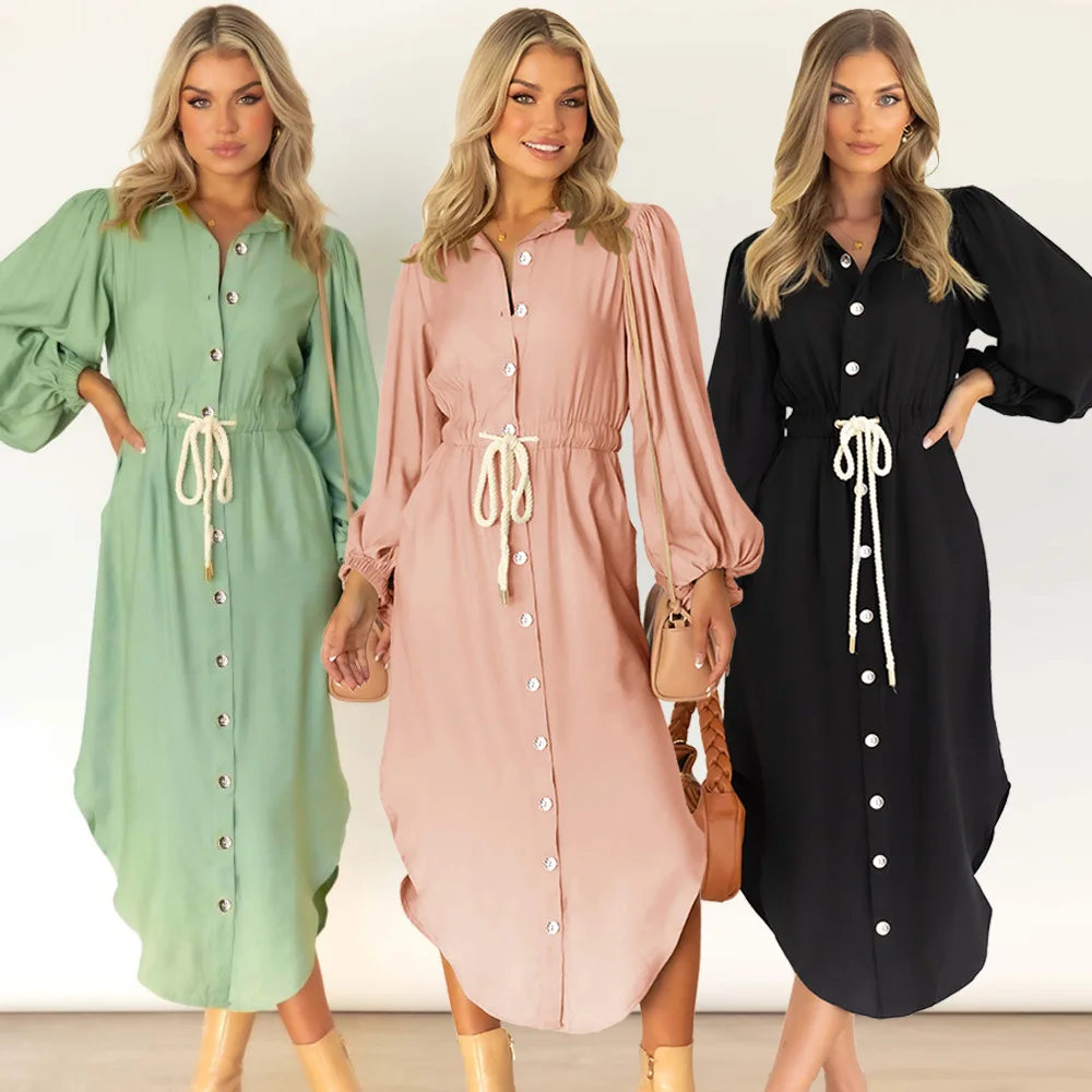 

2022 Autumn and Winter New Long-sleeved British Temperament Shirt Dress Mid-length Tie Waist Dress
