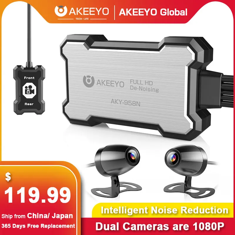 AKEEYO-cámara AKY-958N Dual para motocicleta, videocámara de cuerpo completo a prueba de agua, WiFi, reducción de ruido, DVR, caja grabadora negra, 1080P
