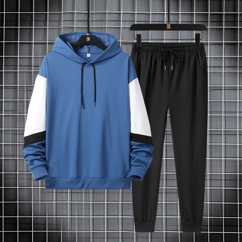 

New Men Casual Set Spring Harajuku Hooded Tracksuit Men's Sportswear Sweatshirt+Pants 2PCS Sets Patchwork Sporting Suits Clothes