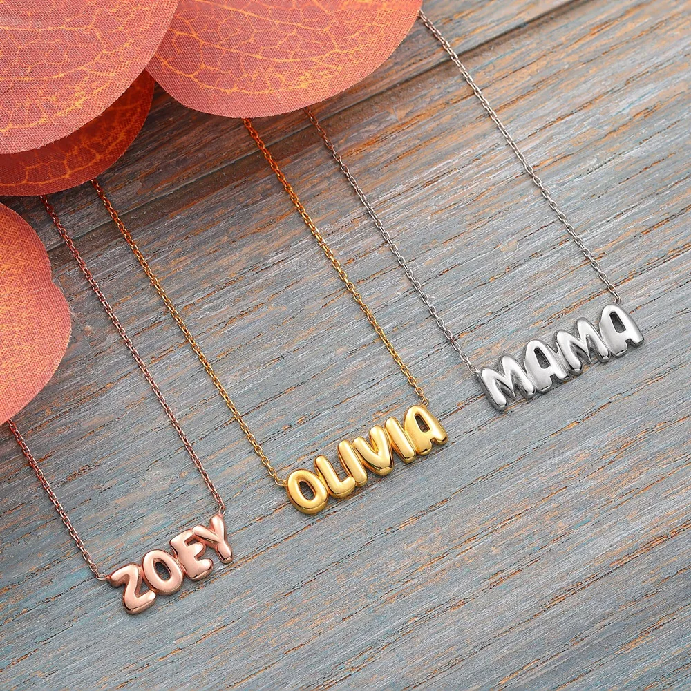 3UMeter 925 Silver 3D Balloon Name Necklace Women Personalized Bubble Name Puff Necklace Mother's Day Gift