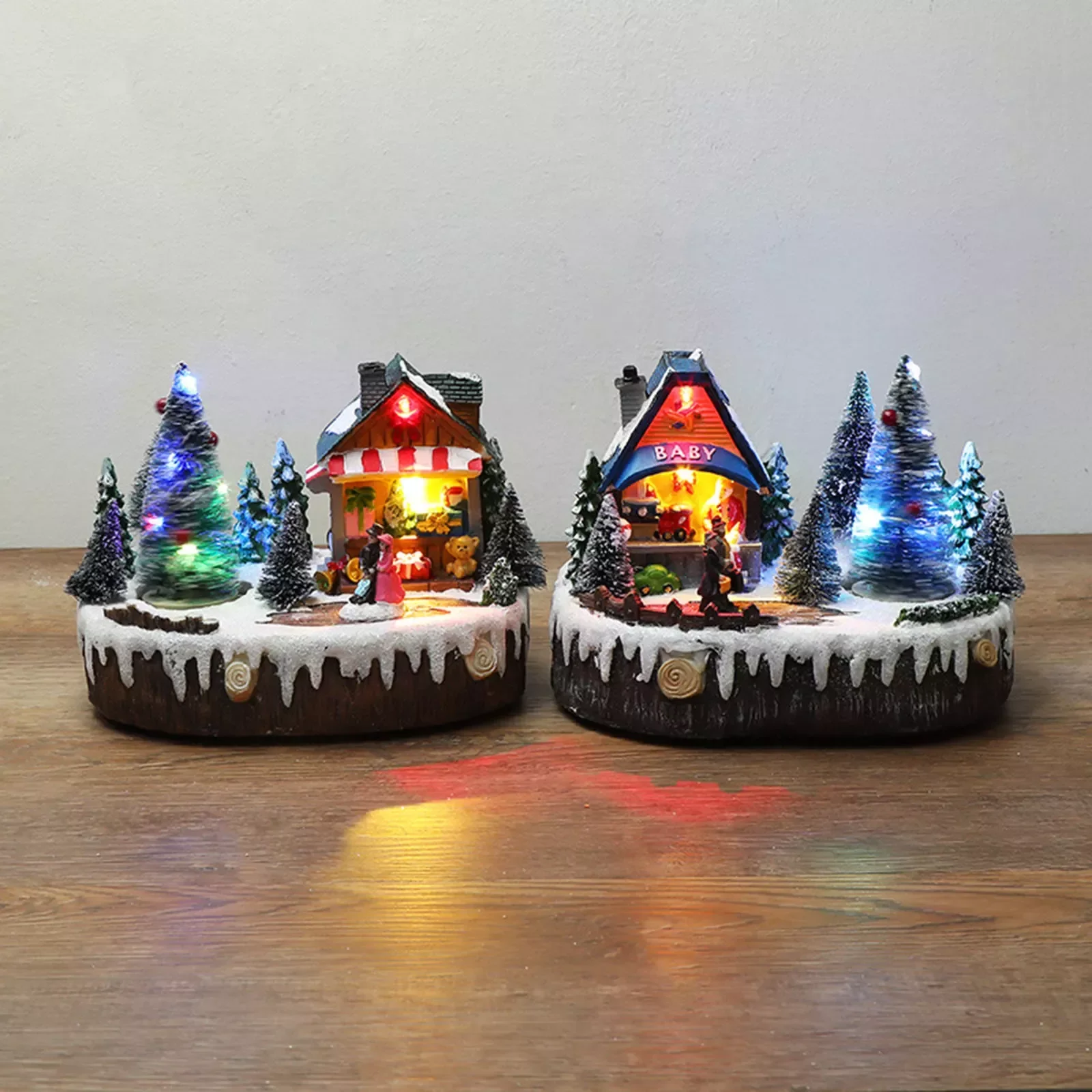 

Christmas Village Figurine with Roating Tree Small Store Christmas House Luminous Landscape Figurines Resin Desktop Ornament