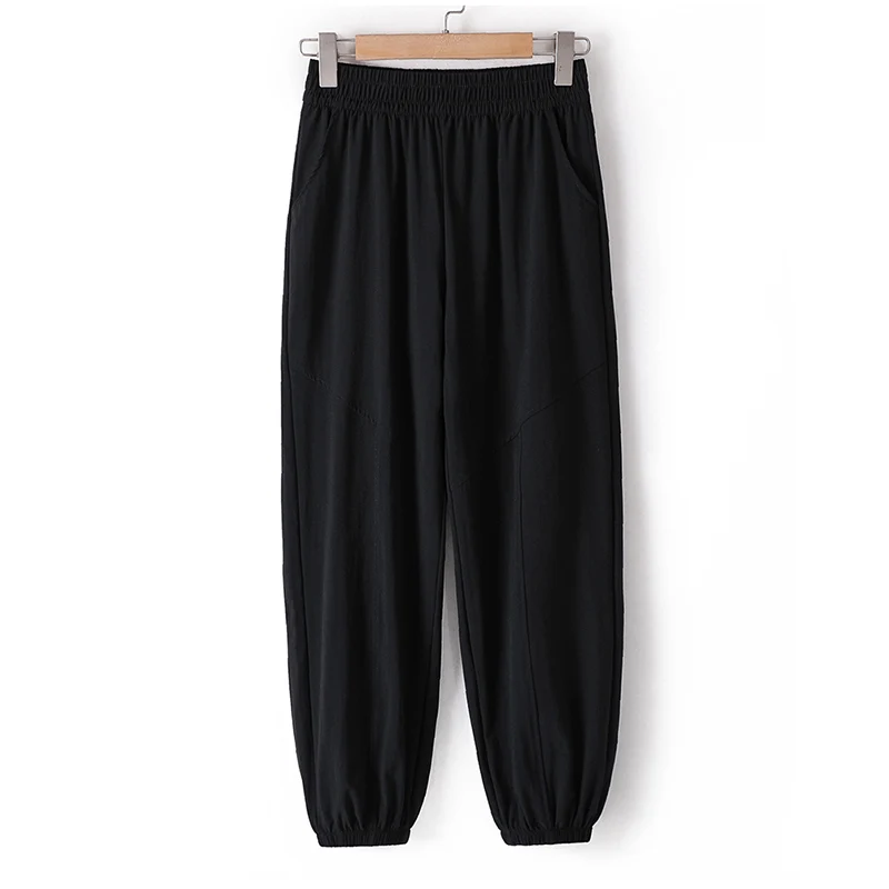 2023 Summer New Fashion Baggy Pocket Show Thinness  Woman Pure Color Large Size Casual Lantern Cropped Pants Trousers