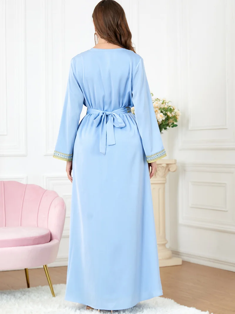 Muslim Set 2 Piece for Women Party Embroidery Trim Long Dress Ramadan Eid Belted Moroccan Kaftan Islam Dubai Satin Abaya Outfits
