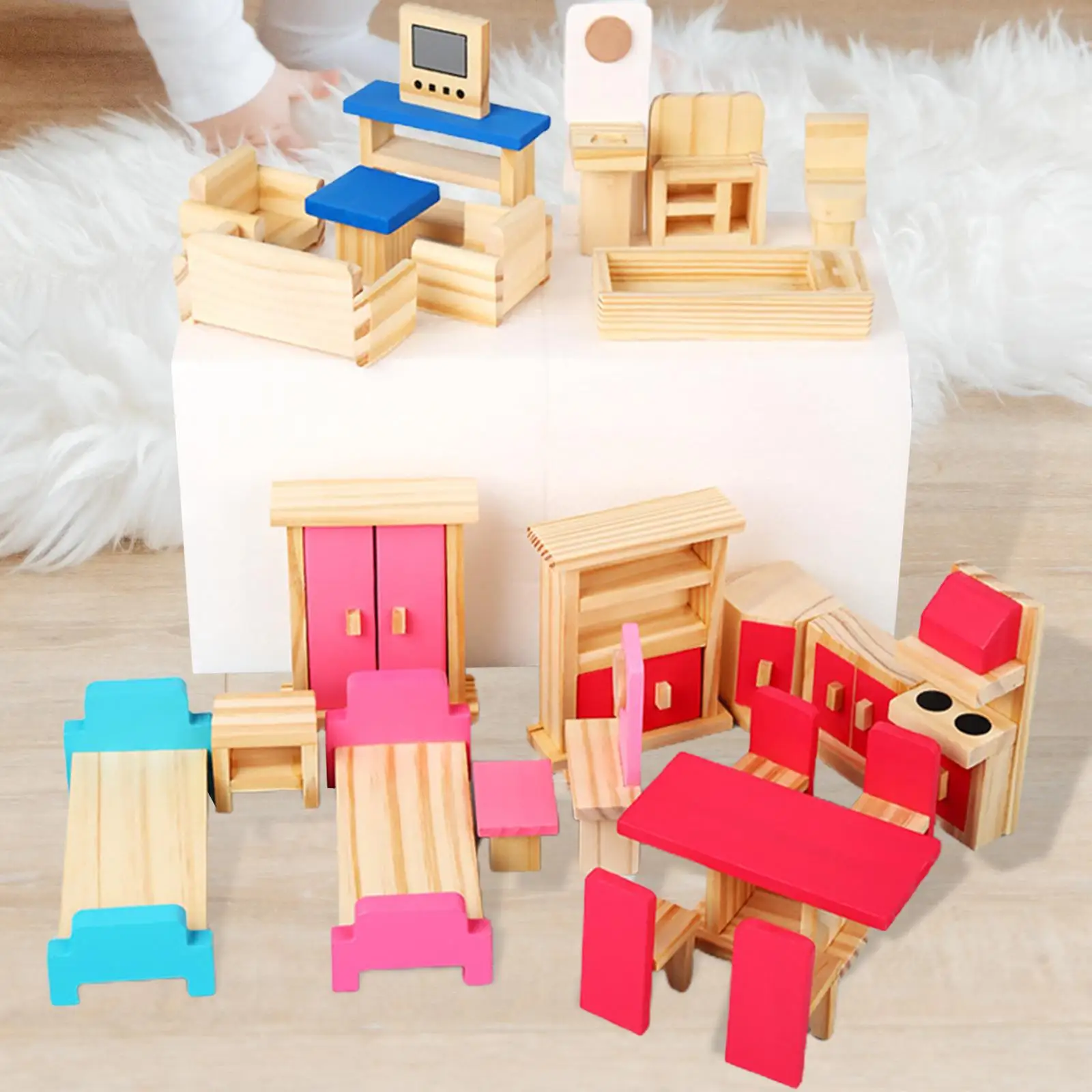 

25 Pieces Dollhouse Furniture Dining Room Small House Bedroom Bookshelf Storage