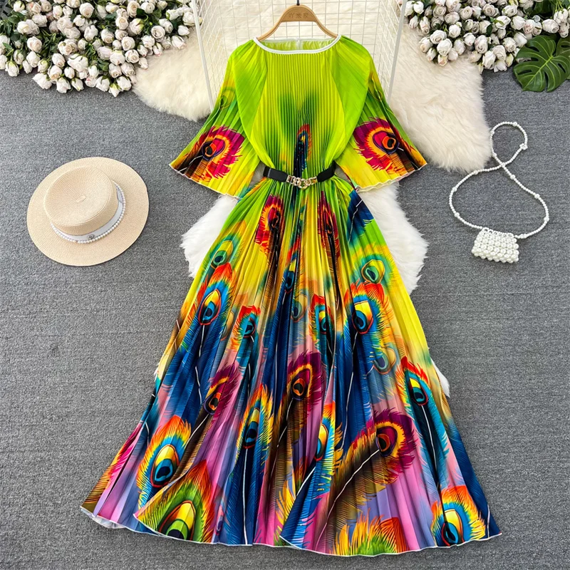 

Летнее женское платье средней длины с принтом в виде перьев, зеленое платье с поясом, свободные женские элегантные плиссированные платья с круглым вырезом и рукавом до локтя, платья