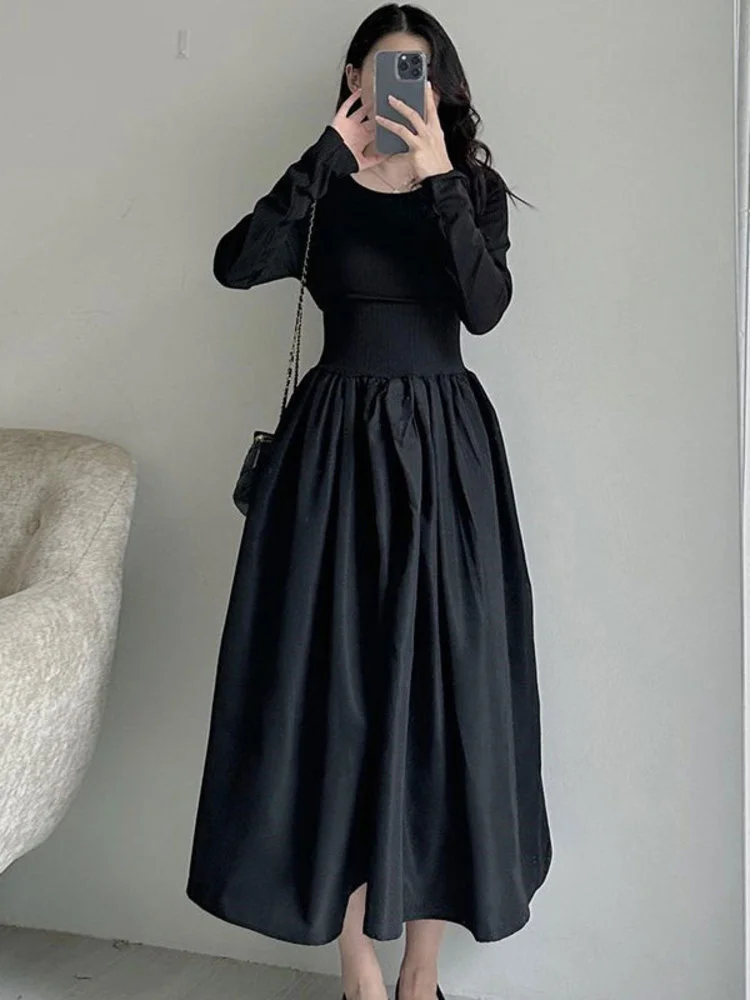 

Женское плиссированное платье с круглым вырезом, элегантное черное ТРАПЕЦИЕВИДНОЕ ПЛАТЬЕ на шнуровке с бантом, весна-осень 2023, новое платье с длинным рукавом, M334