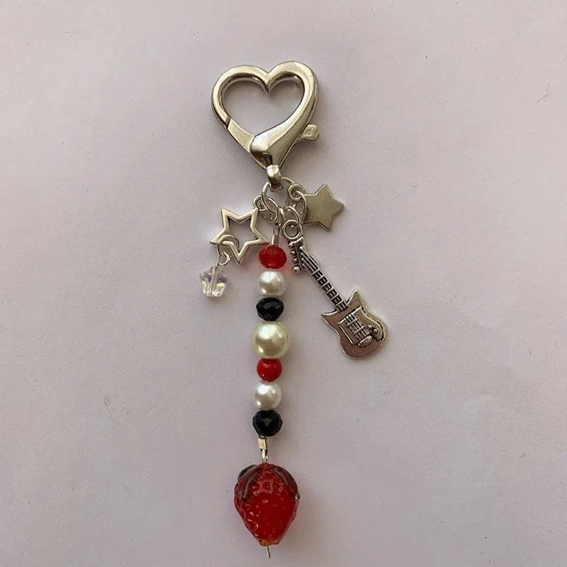 

Handmade Love Keychain, Sweet Romantic Star Guitar Bunny Strawberry Pearl Crystal Keychain Gift to his girlfriend y2k
