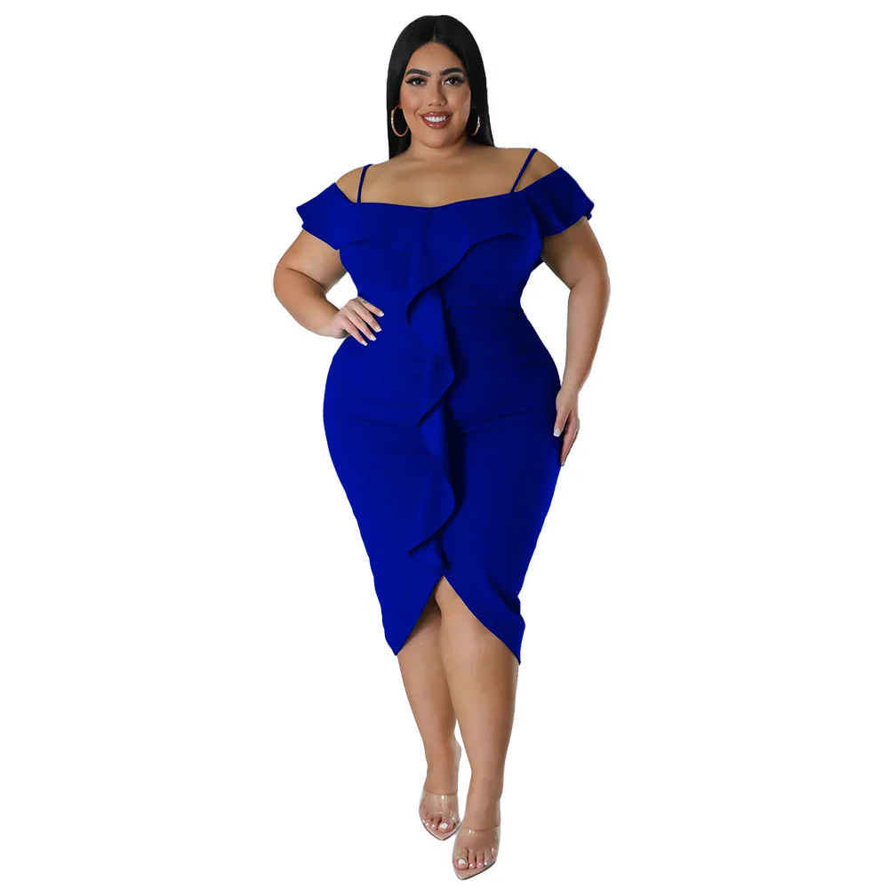 Plus Size Women Elegant Dresses Fashion Sweet Solid Colour Dress Casual Commuter Large Size Female One Neck Medium Length Dress