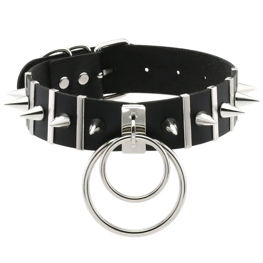 

VIMIO Female Punk Rivet Double Ring Pendant Harajuku Leather Collar Neckband Necklace Clavicle Necklace