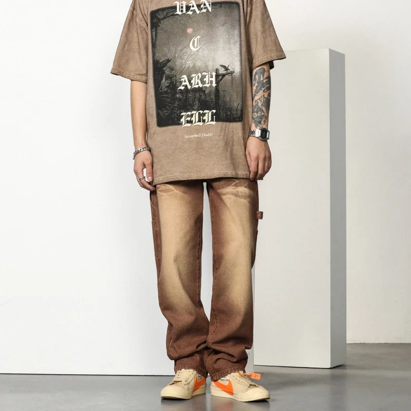 

Мужские джинсы в стиле Харадзюку, повседневные облегающие длинные брюки со средней посадкой, модные брюки с карманами, модные Универсальны...