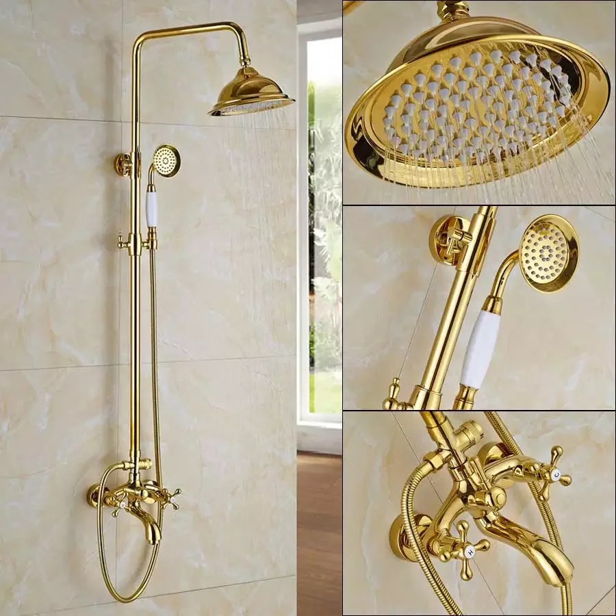 

Golden Shower Faucet Dual Handle Shower Faucet Set Wall Mounted Rainfall Shower System Bathroom Bath Shower Mixer Sliding Bar